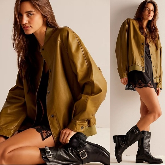 Free People Wild Rose Vegan Leather Bomber Jacket Lizard Green Oversized XS - Picture 1 of 17